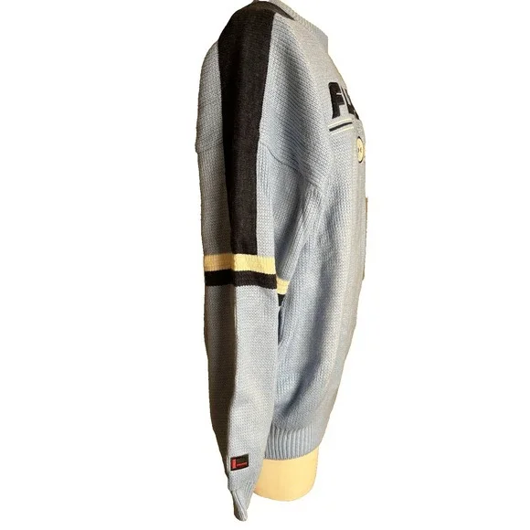 Vintage baggy y2k fubu light blue striped and embroidered mens knit sweater L - Picture 2 of 6